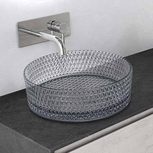 Mai & Mai Lavabo sobre Encimera Lavabo Baño | Redondo | Vidrio | Gris | 39x39x12 cm | sin Orificio para Grifo sin Rebosadero | Minerva07
