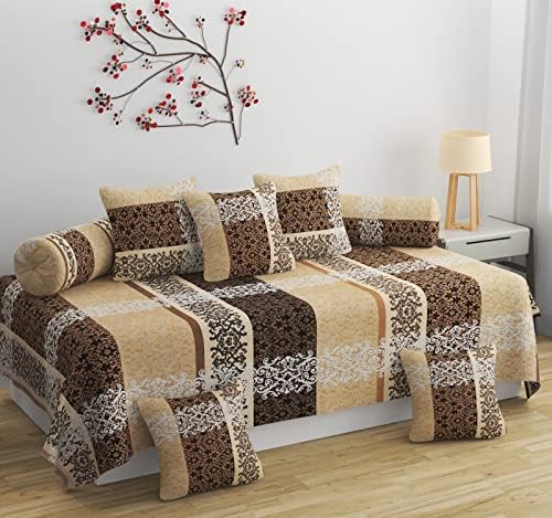 Diwan Set Covers | Diwan Bedsheet Set of 8 Pieces | Diwan Set Covers with 1 Single Bedsheet, 2 Bolster Cover, 5 Cushion Covers | Diwan Covers for Living Room Dining Hall (Multi Brown)-image-38