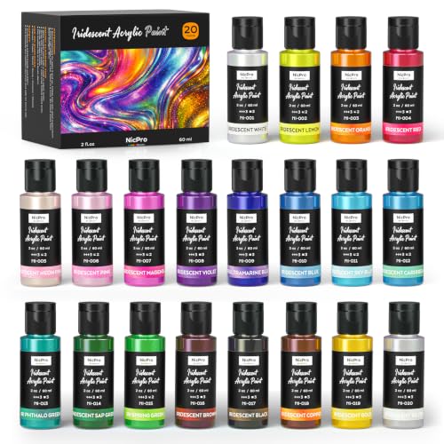 Image of Nicpro 20 Colors Iridescent Acrylic Paint Set,2oz Chameleon Metallic Paint | Color Shifting Glitter Craft Paint, Non-Toxic DIY Art Painting Supplies,Paint Kit for Canvas Rocks Wood Glass Ceramic Fabric