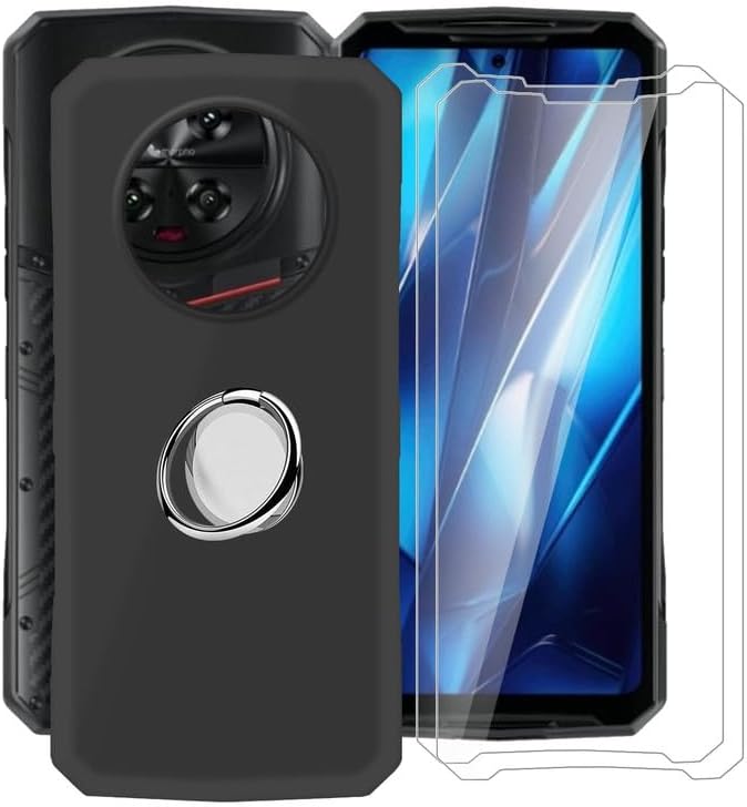 Phone Case for Doogee DK10 (6.67") + 2 X Protective Film, with 360° Cell Phone Metal Ring Holder, Ultra-Thin Black Soft TPU Cover Shockproof Bumper Case for Doogee DK10