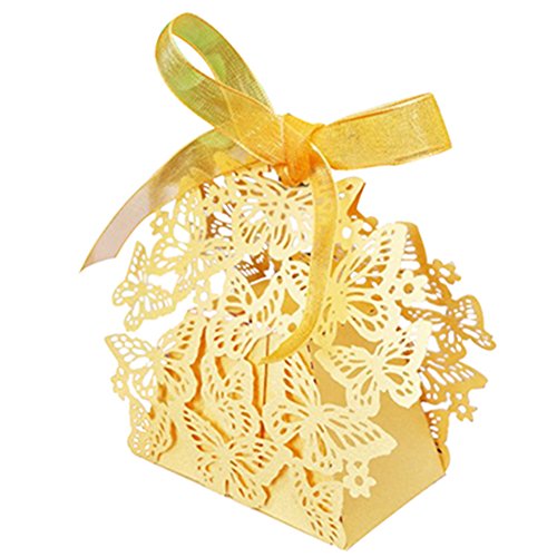 Lot de 50 boîtes à dragées élégantes pour mariage - Doré - Découpe laser - Motif papillons - Pour bonbons, chocolats, petits bijoux Cover