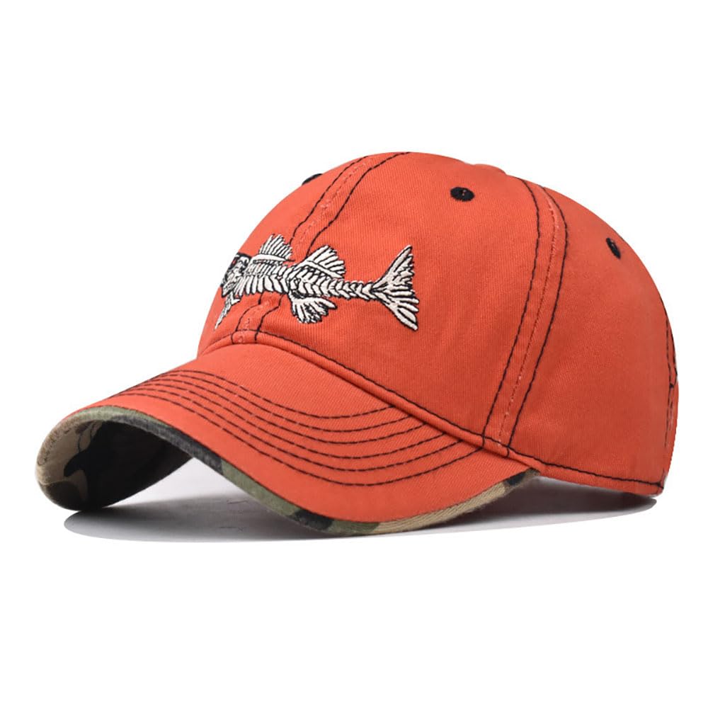 Fish Bone Embroidered Baseball Cap Classic Vintage Cotton Cap Neutral Baseball Cap Outdoor Cap, Orange, L