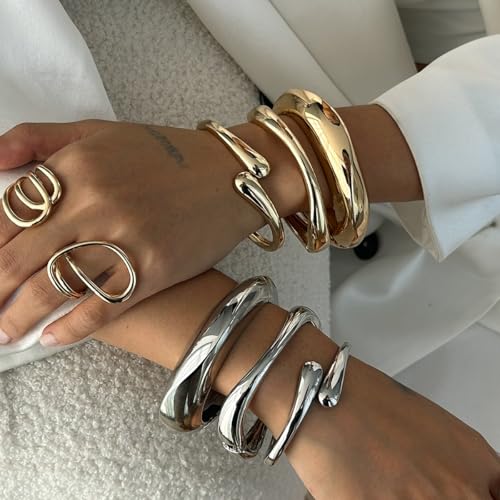 Image of MTINEAPS Gold Bangle Bracelets for Women Teens Trendy Chunky Adjustable Twist Cuff Bracelet Jewelry Gifts (Silver-3 Sets)