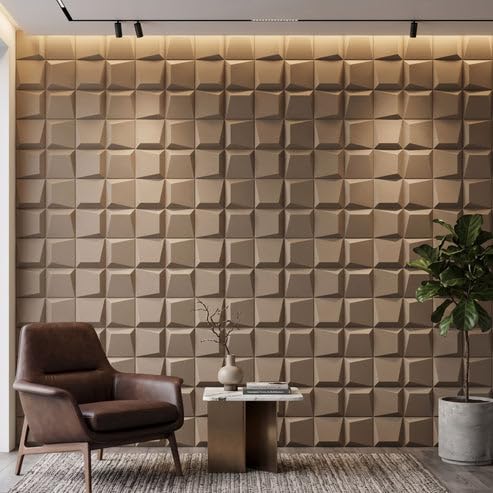 Image of Kayra Decor 3D PVC Wall Panels for Bedroom & Living Room | Cube Design | Mega Greige Color | 19.7 x 19.7 Inch | Pack of 12 | 32.28 Sq Ft