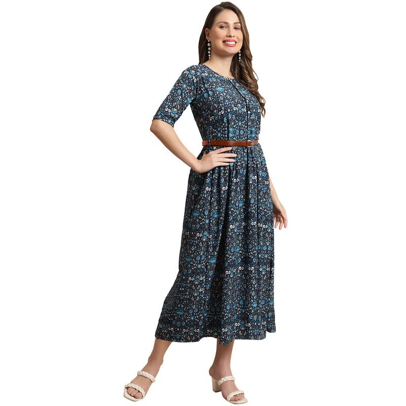 Preneum Women's Georgette Floral Printed 3/4 Slevees A-Line Fit & Flare Gown With Beltindo-Western Ethnic Gown || A-Line Maxi Dress Casual Wear || Fit & Flare Flared Hem Design, Blue, 2Xl
