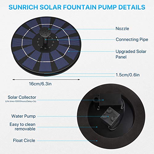 Sunrich Solar Powered Water Fountain Pump 2.5W- Bird Bath Power Fountains 1200mAh Battery Backup with 7 Nozzle, Free Standing Floating for Garden, Outdoor, Pond, Pool - Thumbnail 6