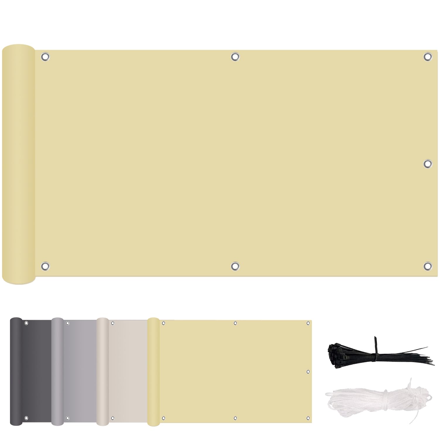Brise-vue pour balcon beige 95x700 cm en polyester 160g/m² avec ses accessoires