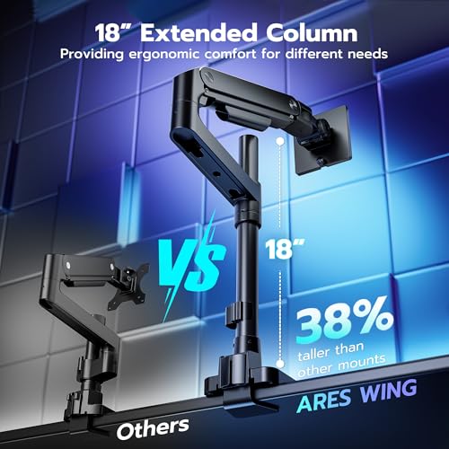 Image of ARES WING Single Monitor Arm Desk Mount for 17-49 Inch Ultrawide Monitors, Heavy Duty Single Monitor Arm Holds 44 lbs, Full Motion Gas Spring Vertical Desk Mount, 75 /100 VESA Mount, Black