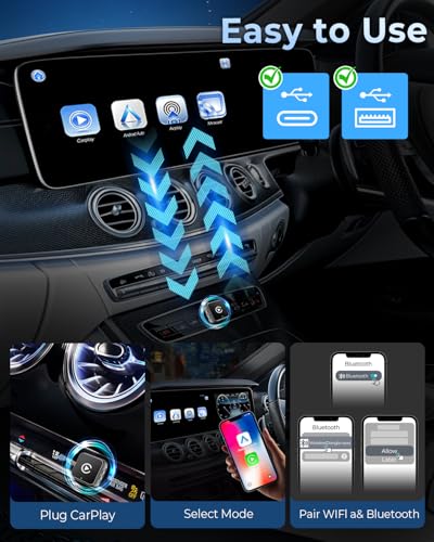 Image of CEROAN 4-in-1 Wireless Carplay & Mirror Link Adapter, Ultra Android Auto Wireless Adapter with Bluetooth 5.3 & 5GHz Dual-Band WiFi, Latency-Free, Supports iOS 10+ /Android 11+ (Mirror Pro Mode)