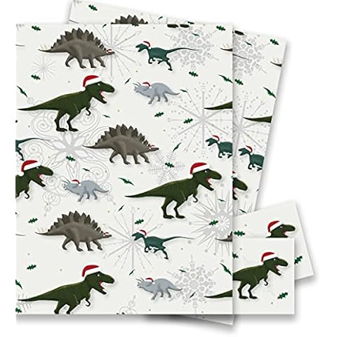 Christmas Dinosaurs Wrapping Paper - 2 Sheets of Gift Wrap and Tags - Size 70x50cm - By Jonathan Glick Designs - Recyclable & Eco Friendly Cover