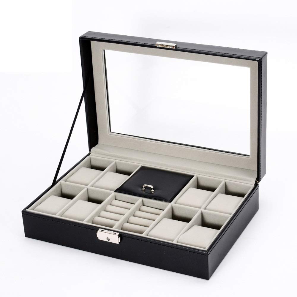 Aufbewahrungsbox für Uhrendisplays mit Glasdeckel und Ablage für Armbänder und Armreifen. Uhrenbox mit 8 Fächern. Aufbewahrungsbox für Schmuckuhren. Ideal für die Uhrenpräsentation im Schaufenster.