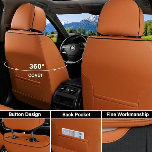 Image of Coverado Car Seat Covers Full Set, Breathable Nappa Leather Seat Covers for Cars, Automotive Seat Covers, Waterproof Front and Back Car Seat Protector Universal Fit Most Cars(Brown&Black)