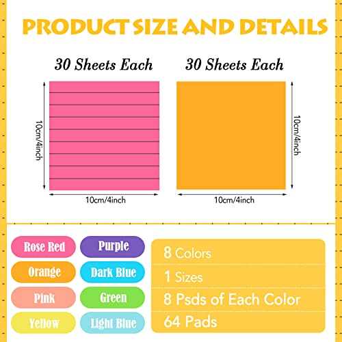 Image of Yexiya 64 Pcs Lined Sticky Notes 3x3'' Self Stick Notepad Lined, Blank