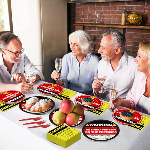 Image of Qyeahkj 100 Pcs Funny Happy Retirement Party Supplies Caution Retirement Paper Plates and Napkins Set Disposable Warning Sign Tableware Decorations for Men Women Farewell Going Away Party Serves 25