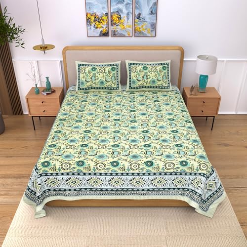 Image of India 100% Pure Cotton Jaipuri Printed Double Bedsheet with 2 Pillow Covers | Traditional Sanganeri Floral Design | Soft Breathable Fabric | King Size Bedsheet for Bedroom (Kaya54)