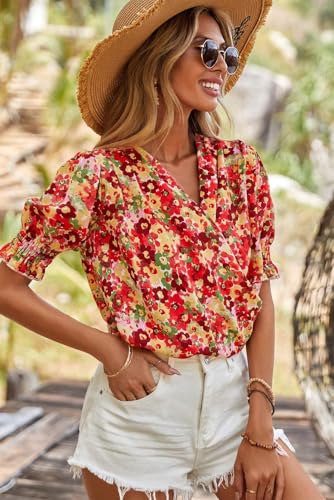 Women's Elegant Red Floral Bubble Sleeve Pleated V Neck Wrap Blouse4