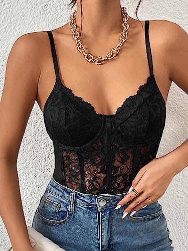 COZYEASE Women's Lace Bustier Cami Bodysuit Plain Sleeveless Slim Fit Sheer Mesh Corset Top Romper3
