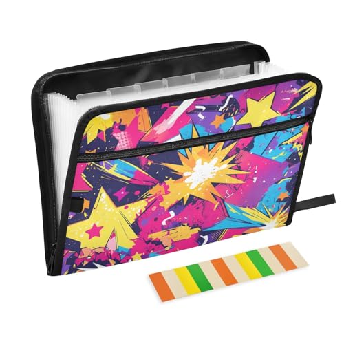 Carpeta de archivos expandible con 13 bolsillos, tamaño A4, tamaño carta con cierre de cremallera, para escuela, hogar, oficina, aula, graffiti, obras de arte, organizador de estrellas coloridas