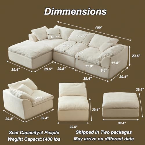 Image of Cloud Couch Sectional for Living Room, Modular L Shaped Boneless Sofa with Chaise, Compressed No Assembly Couch, Deep Seat Chenille Upholstered Convertible Sofa Bed (White)