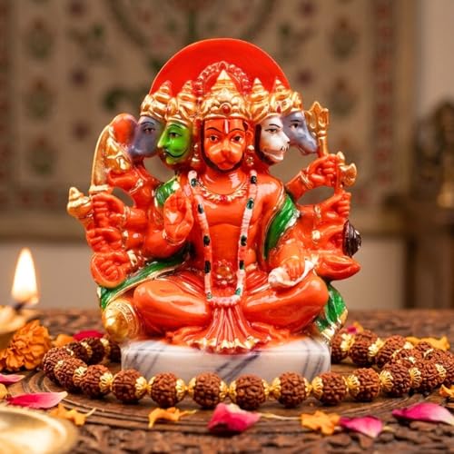 Image of Resin Hanuman Ji Murti Panchmukhi Hanuman For Door Entrance Temple Home & Office Decor Living Room Decoration Gift For New House Warming Ceramony Balaji Idol Evil Eye 6.3 cm Orange