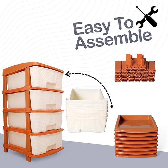 Image of KITCHIVO Plastic Modular Drawer Storage Chest Of Drawers Organizer Storage Box, Large Stomo Racks For Multipurpose Anti-slip Shoes Organizers (White & Golden, 4 Layer)