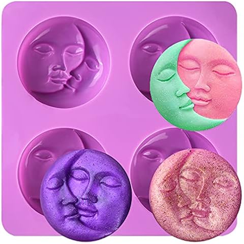 Sun & Moon Silicone Soap Molds, 4 Cavity Crescent Moon Face Silicone Soap Mold for Homemade Lotion Bar, Bath Bombs, Polymer Clay, DIY Candle Resin Making Cover
