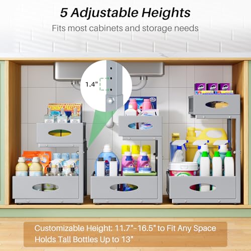 Image of Under Sink Organizer, 2-Pack Pull Out Cabinet Organizer 2 Tier Metal Slide Out Storage Shelf Rack, L-Shaped Adjustable Height,Mesh Sliding Drawer for Kitchen, Bathroom, Laundry, Pantry, Grey, XL