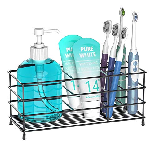 ULG Toothbrush Holder, Stainless Steel Bathroom Organizer Tooth Brush Toothpaste Holder with 7 Multifunctional Slots, Large Capacity Bathroom Organizer for Kids, Adults, Black