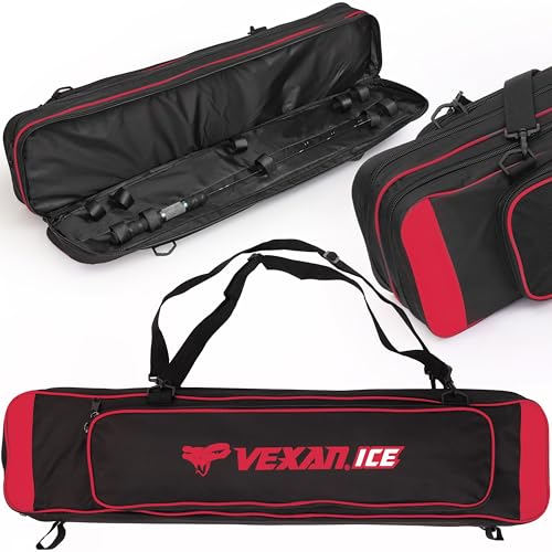 Vexan Ice Fishing Rod Case – Water-Resistant Travel Rod & Reel Case with Hard Shell Tube, Spinning Rod & Tip-Up Storage – Fishing Pole Bag for Travel – Fits 8 Setups – Red, 36'