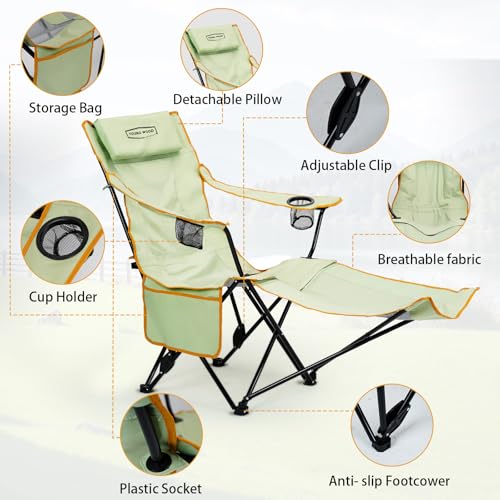 YOUNG WOOD Camping Lounge Chair, Portable Reclining Camping Chair with Foot Rest, Folding Camping Chair for Adults, Headrest & Storage Bag, Mesh Recliner with Backpack, 330lbs Weight Capacity?Green