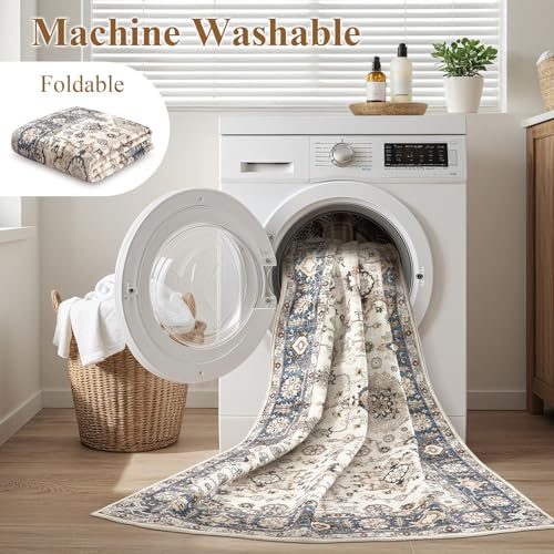 Tapete decorativo 9x12 ft azul y beige lavable miniatura 6