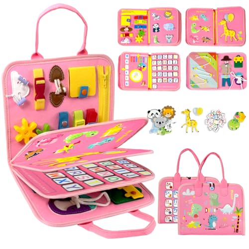 Qizfun Toddler Busy Board Montessori Toys – Sensory Busy Book, Educational Learning Travel Toy for Airplane & Car, Keeps Toddlers Engaged, Birthday Gifts for Toddler Girls