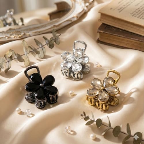 Image of Radhu & Kabby Crystal Flower Hair Claw Clip Pack | Black, Silver & Gold Metal Claw Clips for Women | Strong Grip Stylish Diamond-Cut Stone Floral Hair Accessories | Pack of 3