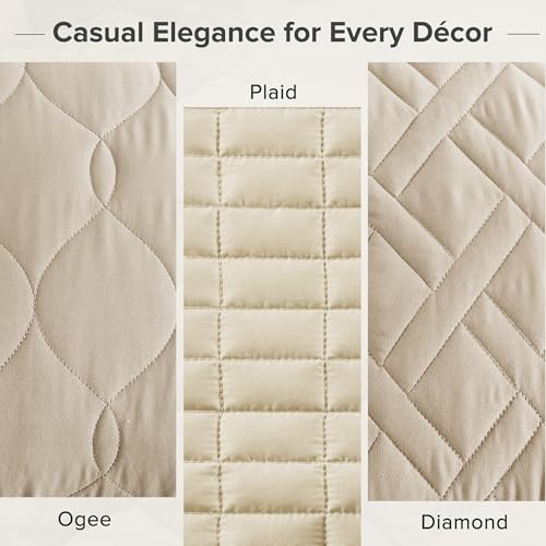 Comfort Spaces Queen Quilt Set Modern Reversible Ogee Coverlet Queen Bedding Set Cozy Quilted Winter Layer, All Season Lightweight Soft Queen Size Quilt, Kienna, Full/Queen Beige 3 Piece