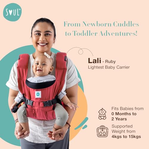Image of SOULSLINGS 4-in-1 Lali Baby Carrier Bag- Ruby - Cotton | Compact & Lightweight (400g) | Adjustable for 0-24 Months (4-15kg) | Machine Washable & Handwashable | Breastfeeding Friendly