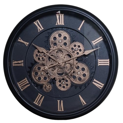 Image of MARSMADE Analog 38X 38 cm Black Moving Gear Wall Clock Wall Clock, Clocks with Roman Numerals for Living Room Office (Black with Glass, Standard)