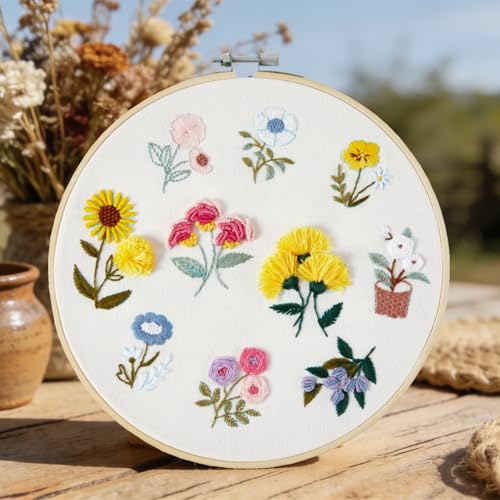 Image of Embroidery Kit for Beginners Adults, Cute Flowers Embroidery Starter Kits, Floral Stamped Cross Stitch Kits for Beginner Adults Craft Kits for Women, Entire Set of Embroidery Supplies & Video Tutorial