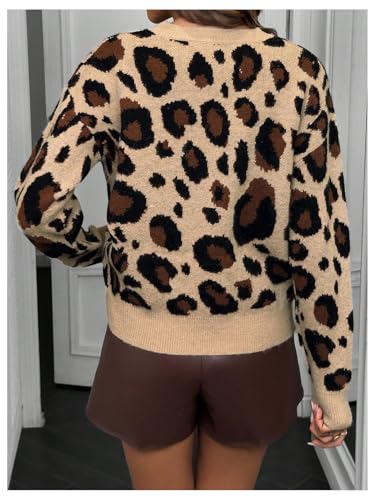 WDIRARA Women's Leopard Print Long Sleeve Pullover Sweaters Crewneck Drop Shoulder Knit Tops2