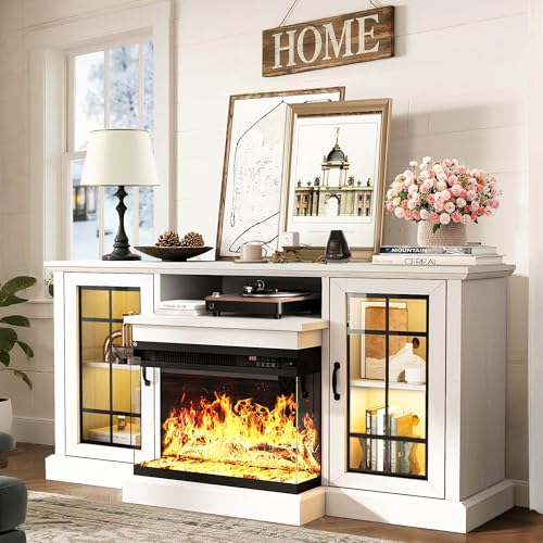 Image of MXV 59'' Fireplace TV Stand, Farmhouse Entertainment Center with 3 Sided Glass TV Stand, Modern Media Console Table with Storage Drawers & Cabinets with LED Flame and Lights for Living Room, White