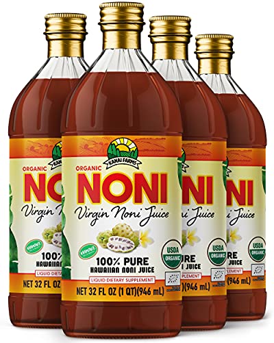 Virgin Noni Juice - 100% Pure Organic Hawaiian Noni Juice - 4 Pack of 32oz Glass Bottles