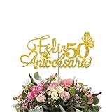 Gold Feliz 50 Aniversario Cake Topper for 50th Anniversary Party Decor, Gold Glitter Butterfly Sign 50th Anos De Amor Wedding Supplies, Spanish Happy 50th Anniversary Party Decorations