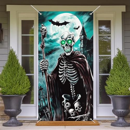 Image of BlissYard Halloween Door Cover Skeleton Moonlight 35x71 Inch Polyester | Door Banner, Wall Decor | Skeleton Entry Accent, Moonlight Backdrop | Porch, Hallway, Party (Spooky Art)