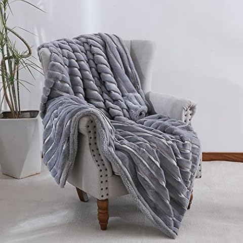 David's Home Fleece Sherpa Throw Blanket for Couch Bed Sofa- Faux Fur Channel Blanket-Fuzzy Stripe Winter Throw Blankets-Soft and Warm-Reversible-50x60 Inches-Grey Cover