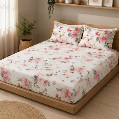 Image of Linen Home Cotton Percale Fitted Bedsheet Set King Size Floral Pink
