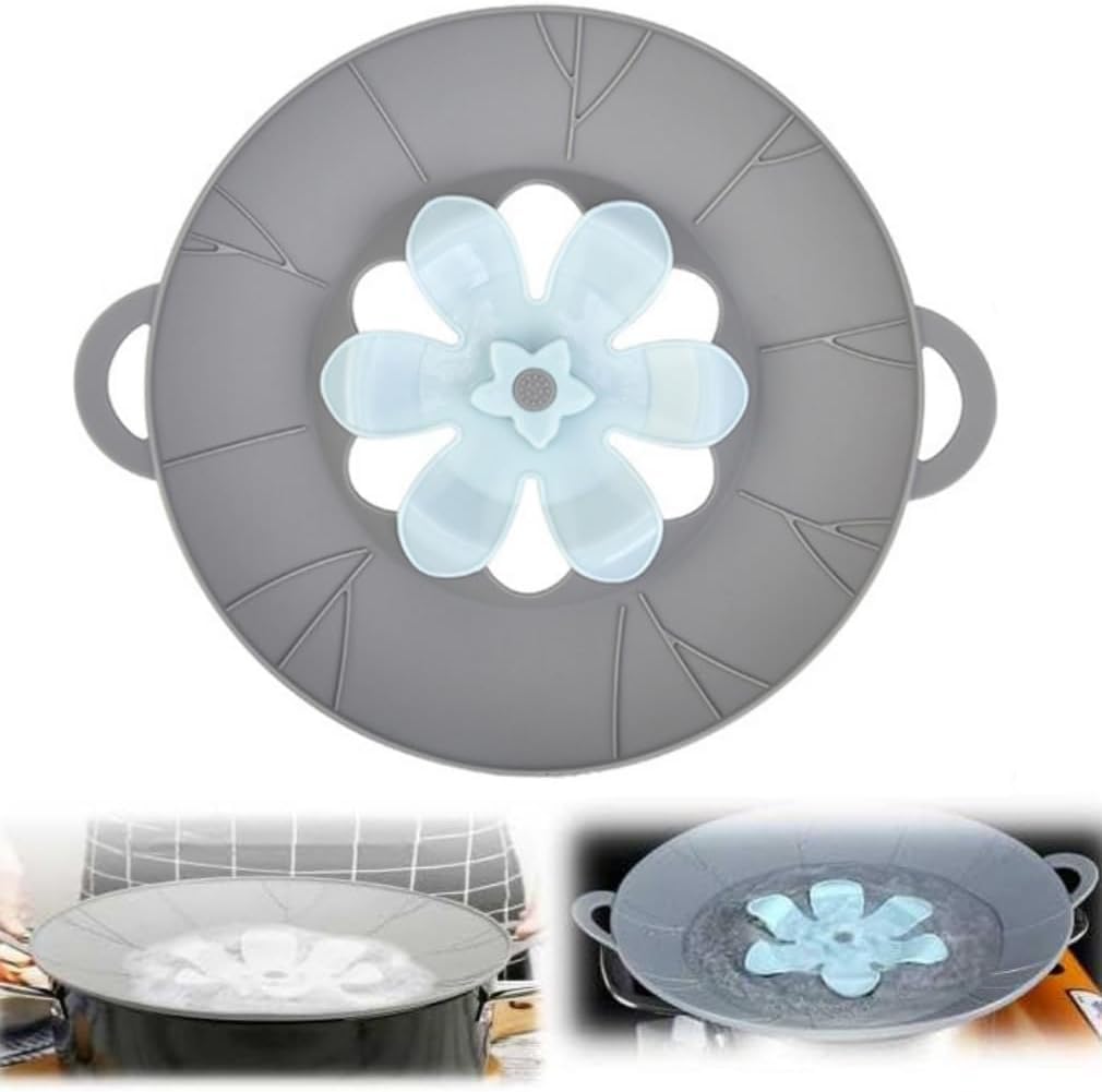 Silicone Boil Over Spill Stopper Lid, Reusable Heat-Resistant Lid Boiling Kitchen Safeguard, Multi-Function Grey Pan Cover with Mint Flower Design (Grey, Medium (26cm))