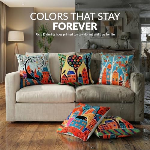 Image of SILK & YANA Storybook Village Glow Cushion Cover 16x16 Inches Pack of 5 | Poly Jute Decorative Square Pillow Cover for Sofa, Living Room & Home Decor