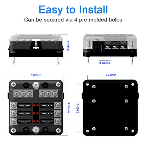 6-Way Fuse Box Blade Fuse Block Holder Screw Nut Terminal W/Negative Bus 5A 10A 15A 20A Free Fuses LED Indicator Waterpoof Cover for Automotive Car Marine Boat