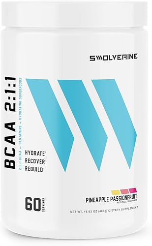 Swolverine BCAA 211 Aminoácidos de cadena ramificada, electrolitos, L-glutamina, fórmula de hidratación y recuperación (60 porciones) (piña)