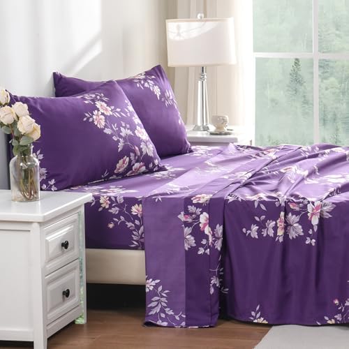Bedlifes King Sheet Set Ultra Soft, Breathable, Silky Flower Deep Pocket 100% Microfiber Bedding, 4 Piece King Size Dark Purple Floral