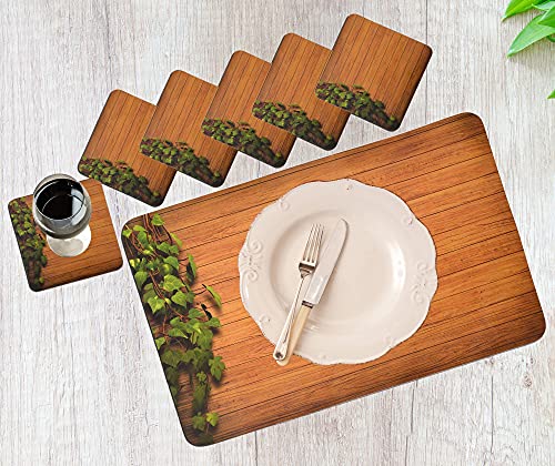 Image of Yellow Weaves Wooden Style PVC Dining Table Placemats (Brown) - 6 Piece